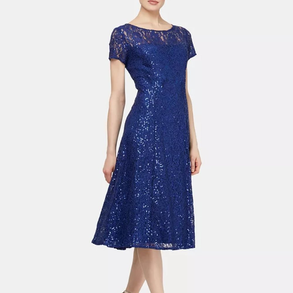 NWT SLNY Womens Blue Iris Keyhole Sequined Lace Midi Dress SIZE 16 PLUS